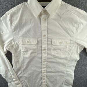 Armani Medium White Nylon Cotton Spandex Solid Designer Pocket Shirt Button Up